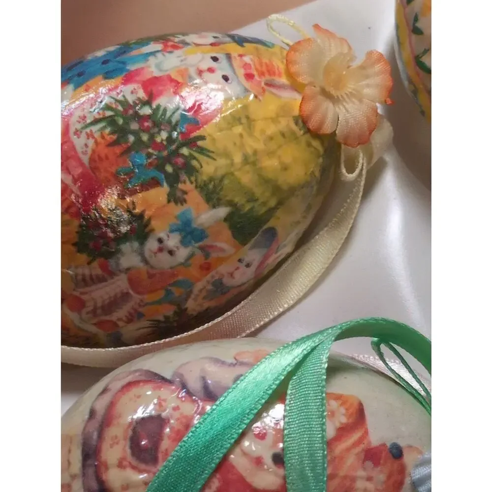 6 Vintage Easter Egg Paper Mache Decoupage Ornaments Bunny Chick Kitschy 3”